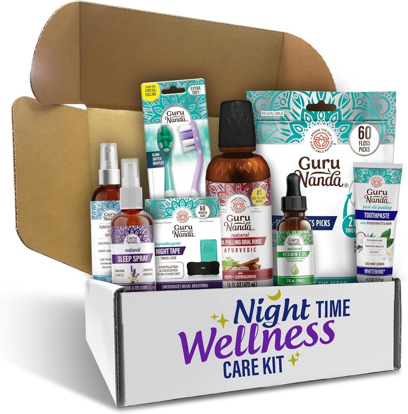 GuruNanda Nighttime Wellness Care Kit – Ashwagandha Oil Pulling, Hydroxyapatite Toothpaste, Magnesium Spray, Toothbrush, Floss Picks, Vitamin E Oil, & Sleep Spray - Image 1